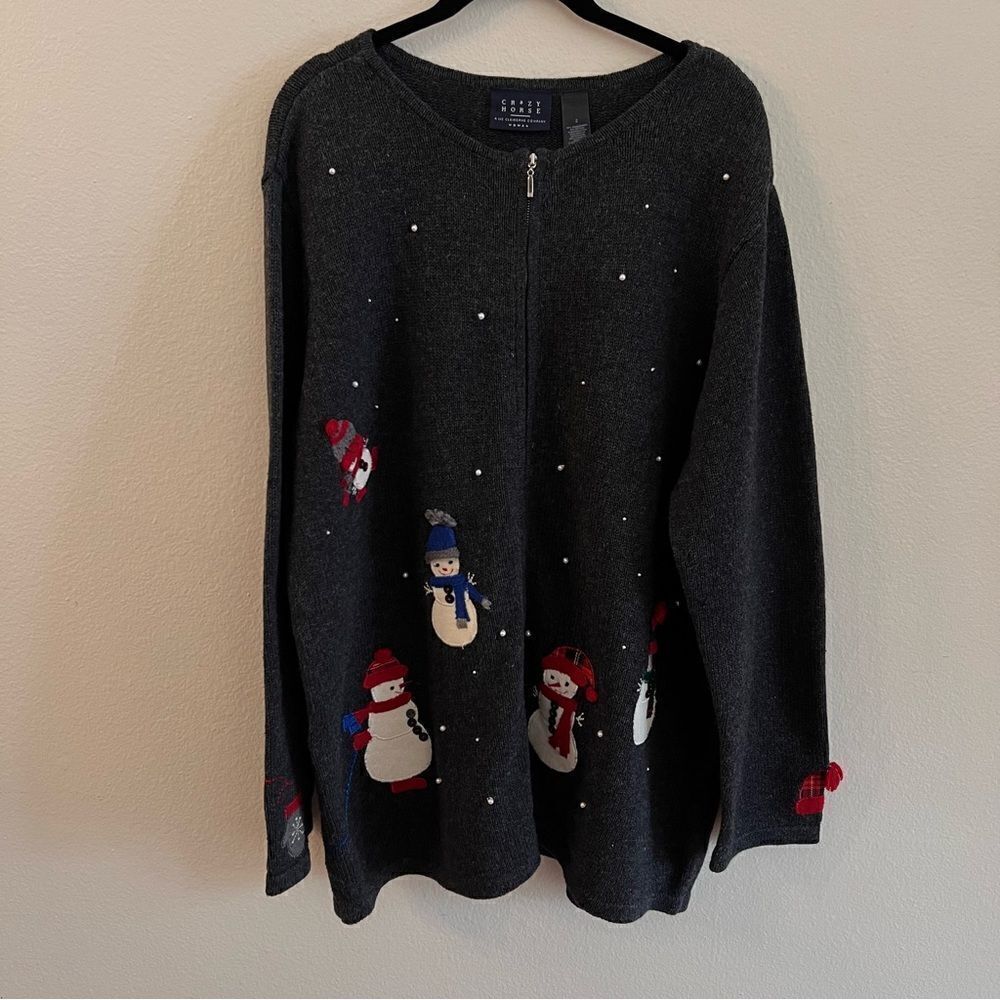 Crazy Horse Sweater Cardigan Snowmen Size 2X Zip Front Pearl Accents Gray